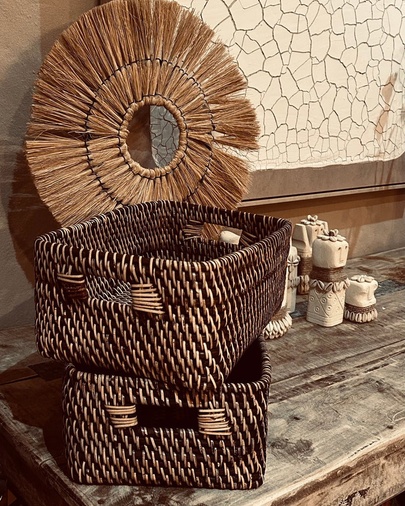 Woven basket with a textured surface on a wooden table