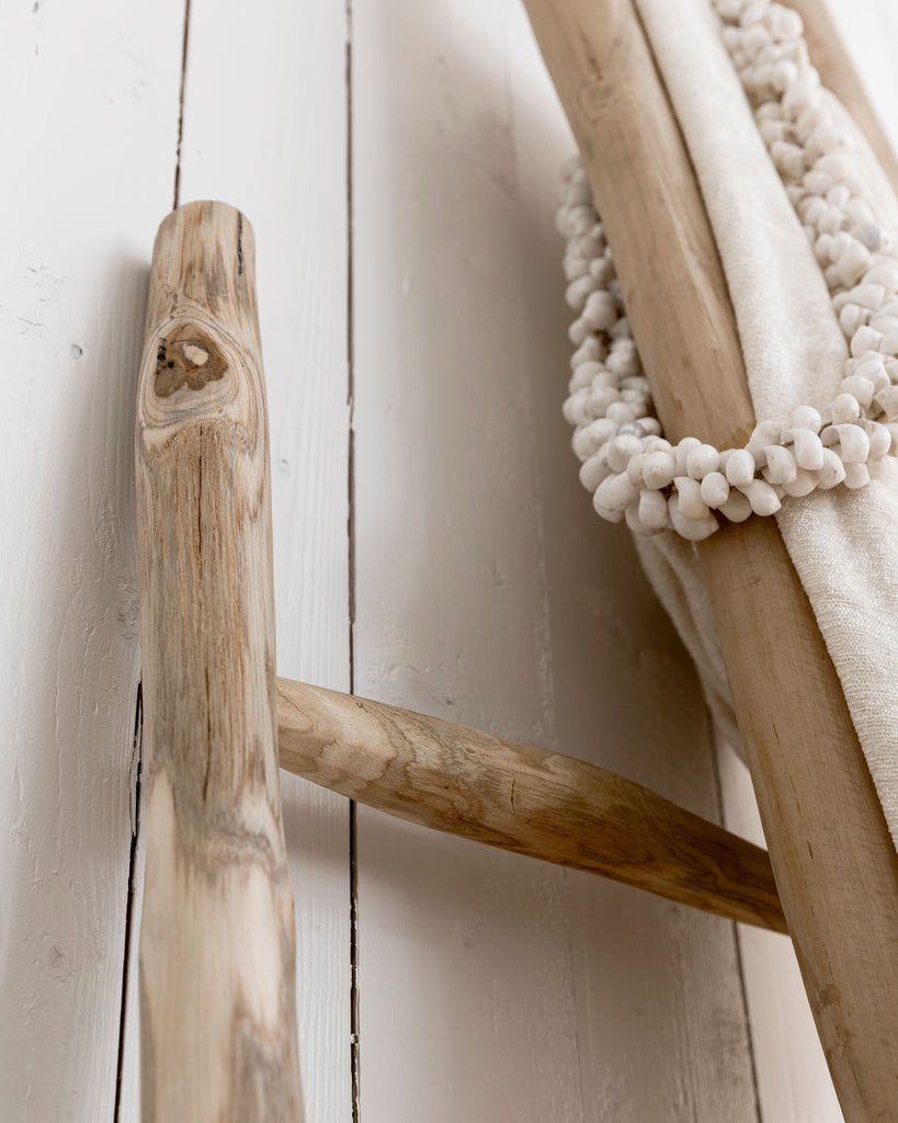 Driftwood piece leaning against a white wooden wall with a decorative item on top.